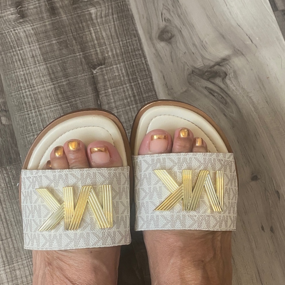 Michael Kors Cream and Gold Logo Slide Sandals